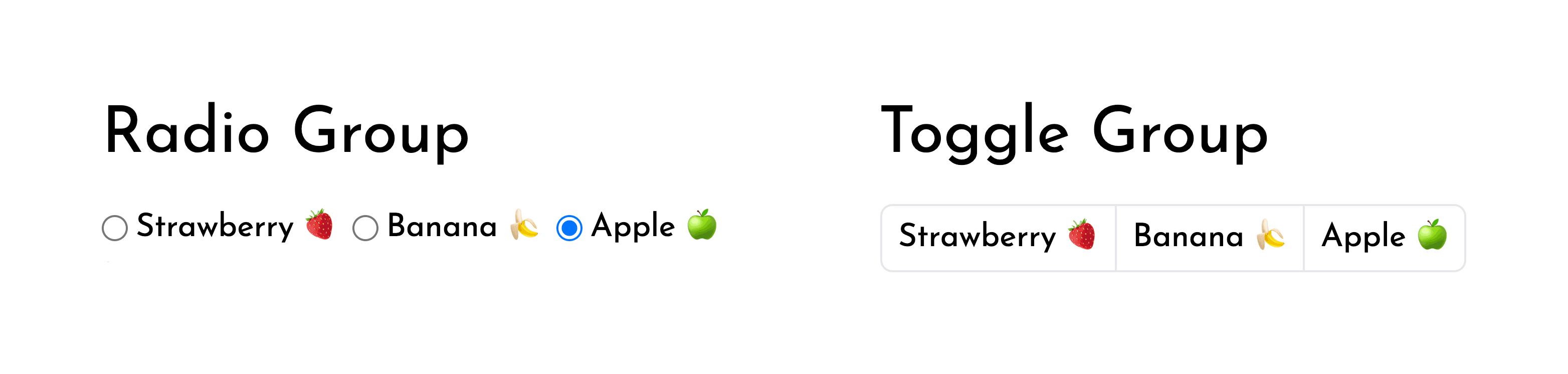A visual comparison of a Radio group versus a Toggle group